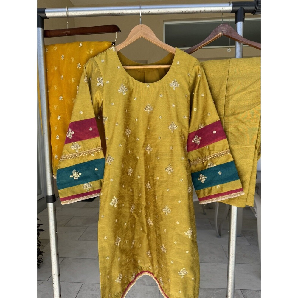 Pakistani Embroidered Raw Silk Colorful Kurta And Trouser With Organza Dupatta